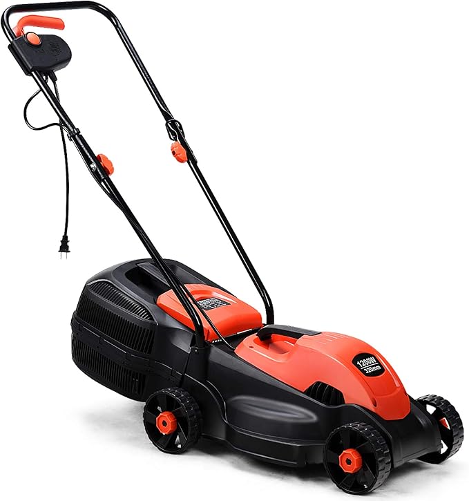 Happygrill Lawn Mower 13-Inch Electric Lawn Mower, Handle Push Corded Lawn Mowers with Grass Bag, Folding Handle, Adjustable Cutting Height for Garden Yard, 12 Amp,Red