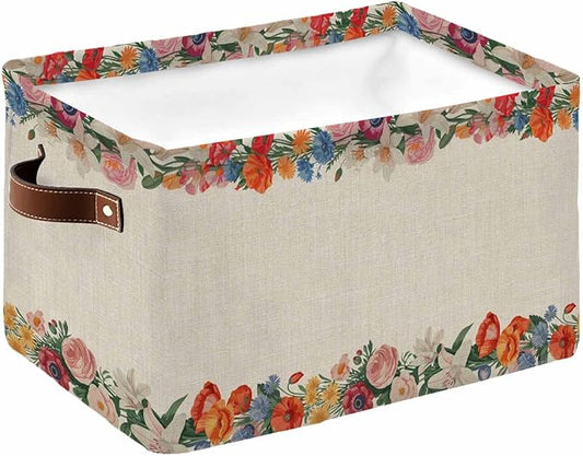 Colorful Roses Floral Storage Bins Cubes Waterproof Cloth Storage Basket,Farmhouse Spring Flowers Vintage Foldable Storage Bags for Shelf Clothes Storages Organizers with Handles 15x11x9.5 in 1PCS