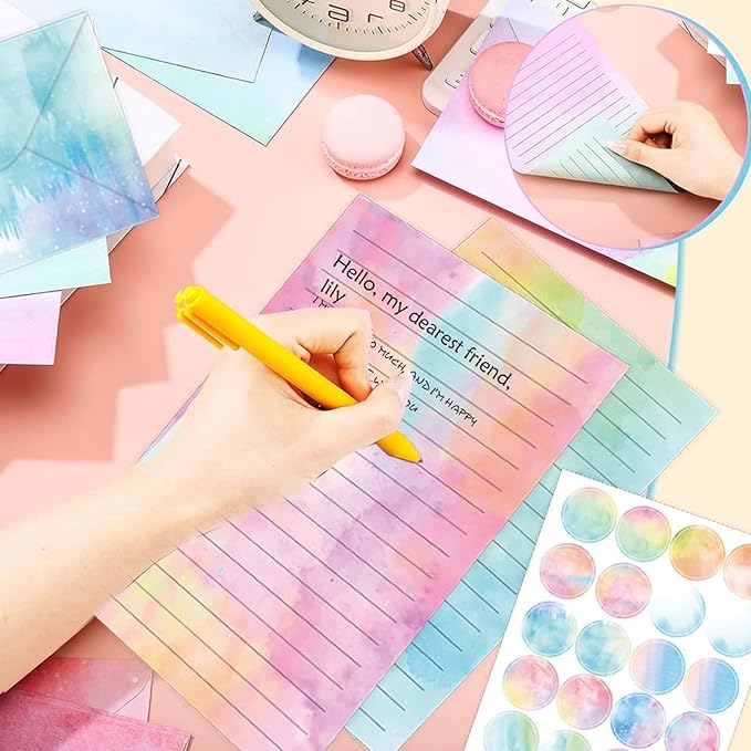 160 Pcs Stationery Paper Envelopes Set Includes 50 Lined Writing Paper & 50 Envelopes with 60 Colorful Round Dot Stickers, Cute Vintage Watercolor Letter Writing Stationery Paper Envelopes(10Style)