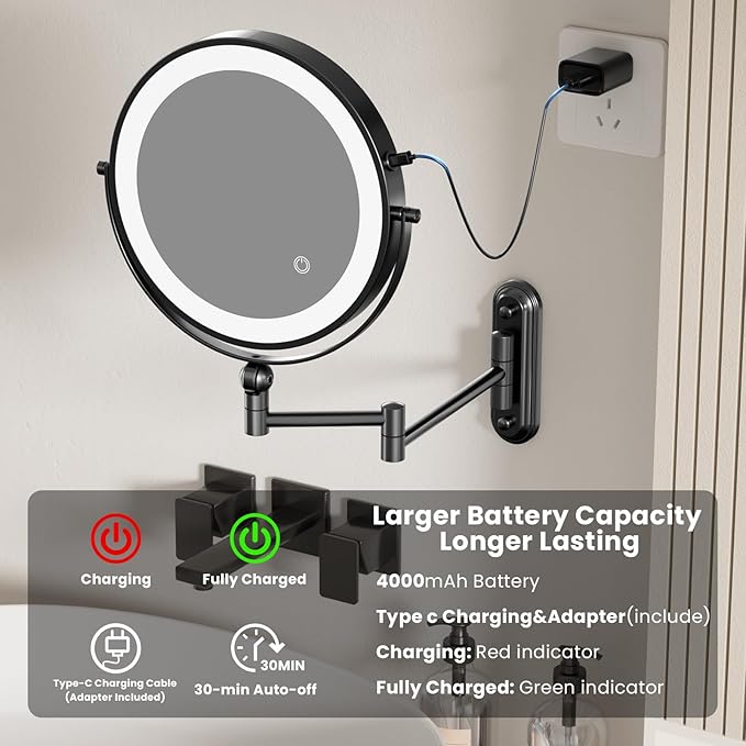 9" Wall Mounted LED Lighted Makeup Vanity Mirror - 4000mAh Rechargeable Double