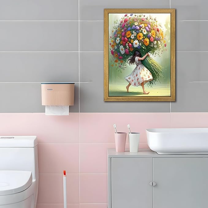 Wood Framed Pink Wildflower Canvas Wall Art, Girl Hugging Flowers Poster Prints