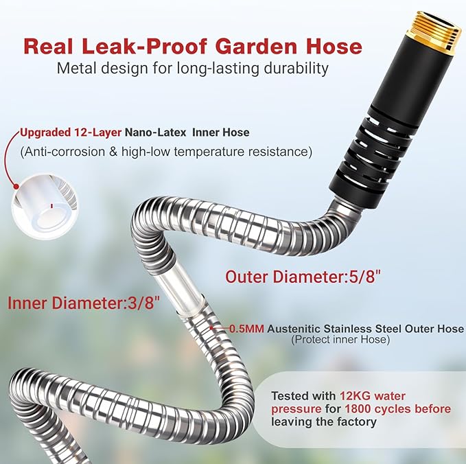 Lefree 125ft Stainless Steel Garden Hose - No-Kink Leak-Proof Crush Resistant, Dog Chew Proof with Upgraded Protective Rubber Sleeve, 10-Function Nozzle for Large Yard, Gardening, RV, Pet Bath