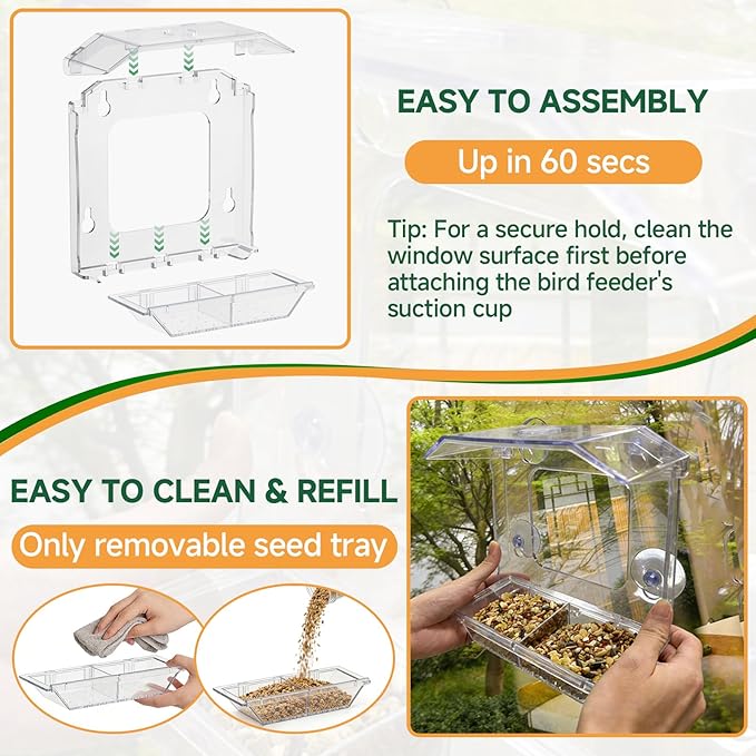 Window Bird Feeder with 4 Extra Strong Suction Cups, Clear Bird Feeder with Dual Seed Tray, Easy to Install & Clean, Birdfeeder for Viewing Wild Birds, Bird Watching Gift, Garden Decor
