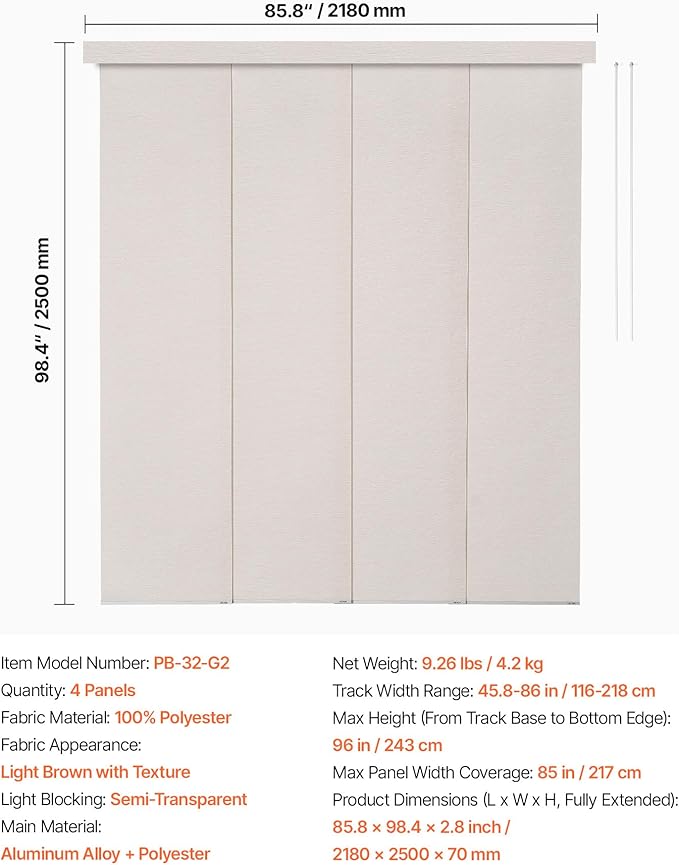 VEVOR Panel Track Blinds, Extendable Track from 45.8 in to 86 in W, Trimmable