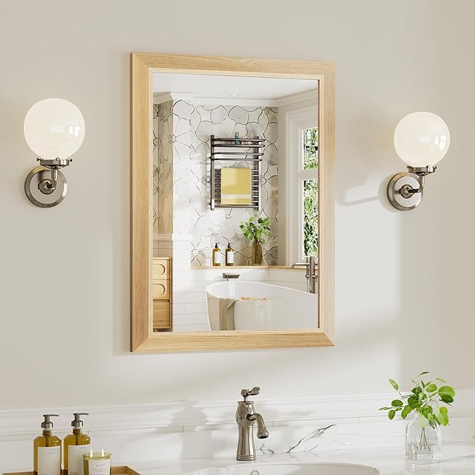 22x30 Inch Bathroom Mirror for Wall, Anti-Rust Oak Wood Grain Metal Framed