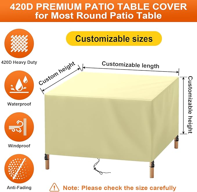 Patio Furniture Cover Rectangle 68"(L) x 48"(W) x 28"(H), Custom Heavy Duty 420D Waterproof Outdoor Cover with Drawstring & Buckles for Table Chair Garden, Cream