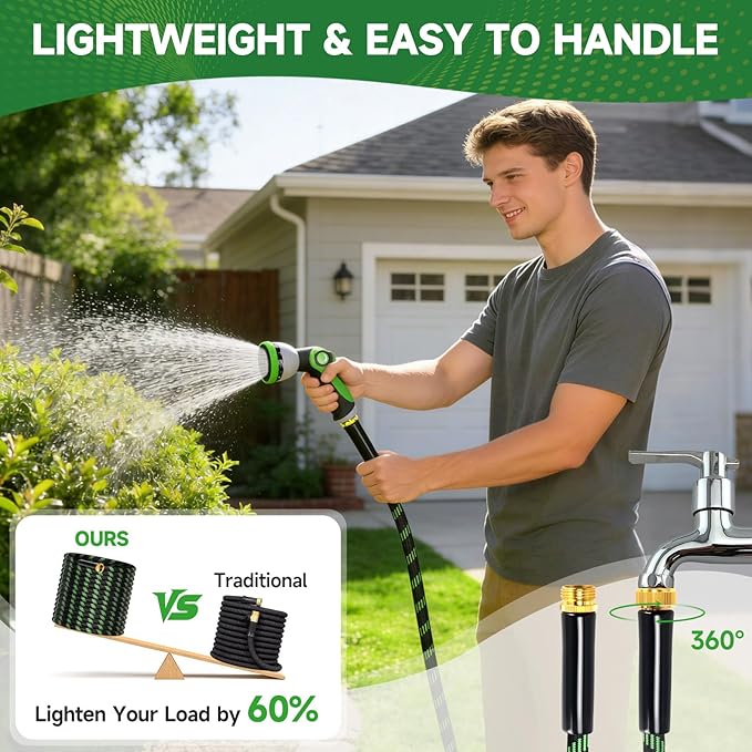 Garden Hose 50ft Flexible Non-Expandable Water Hose Ultra Lightweight Kink-Free Leak-Proof Durable & Abrasion-Resistant with 3/4" Brass Fittings for Patio Yard RV and Outdoor Use