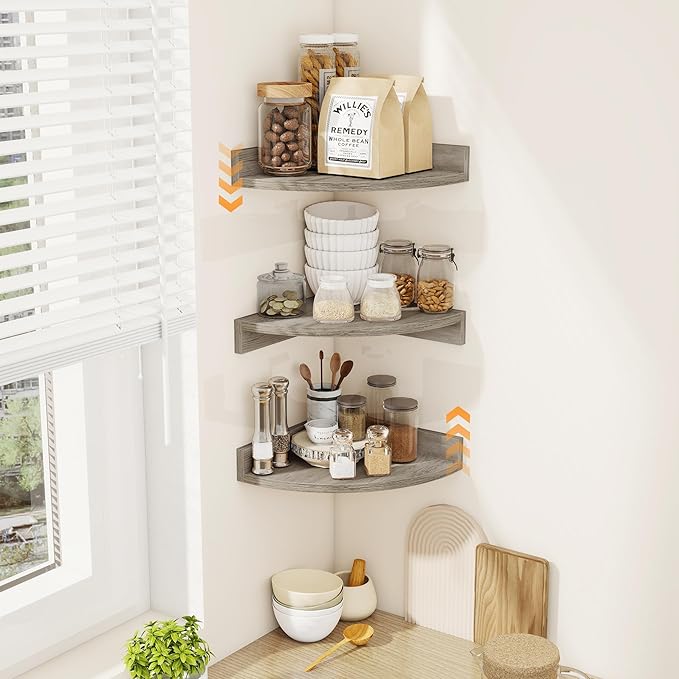Corner Shelves 3-Pack for Bathroom & Kitchen, Space-Saving Floating Corner Wall