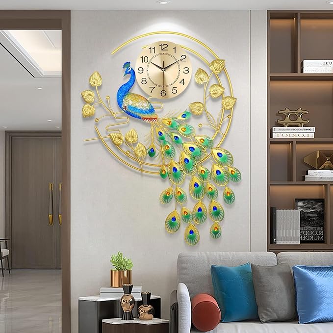 36.6 Inch Large Peacock Wall Clock Non-Ticking Silent, Creative Decorative