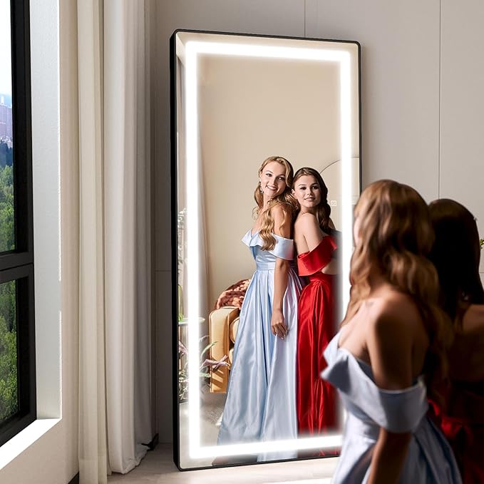FENNIO Full Length Mirror with Lights, Free Standing Lighted Floor Mirror