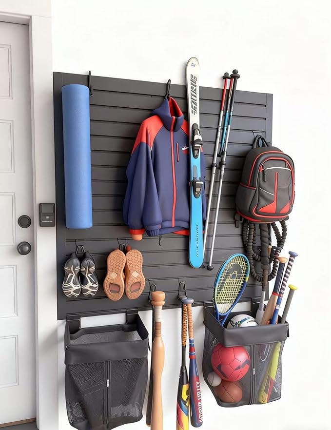 FRAYSCENT Slat Wall Paneling Garage Slat Wall Storage Systems Slatwall Panels Power Tool Organizer Wall Mount, PVC Garage Storage & Organization Products Slate Board (Black, 8ftx4ft with 2H Trim)