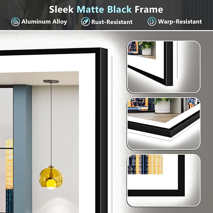 72x36 Black Framed LED Bathroom Mirror