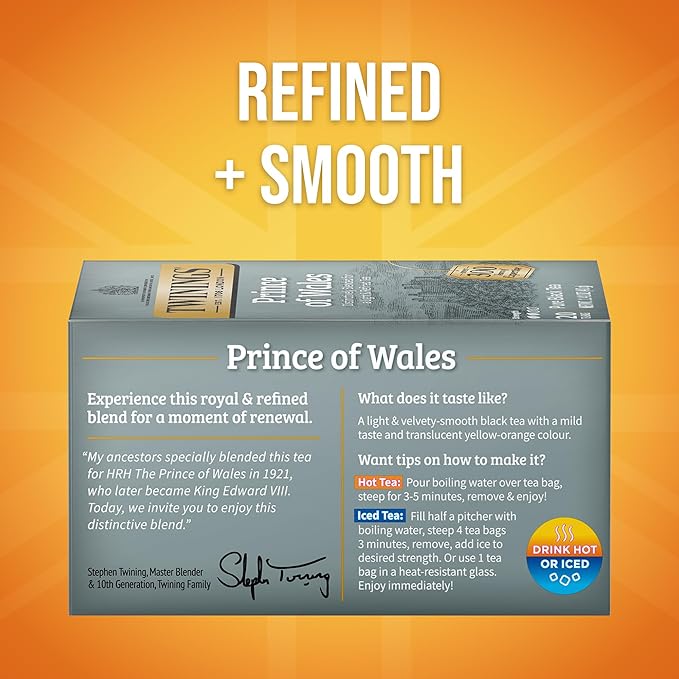 Twinings Prince of Wales Black Tea Individually Wrapped Bags, 20 Count (Pack of 1), Velvety Smooth & Mild, Caffeinated, Enjoy Hot or Iced, 20 Teabags