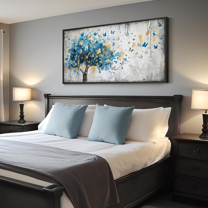 Framed Large Tree Wall Art, Modern Golden Butterfly Picture