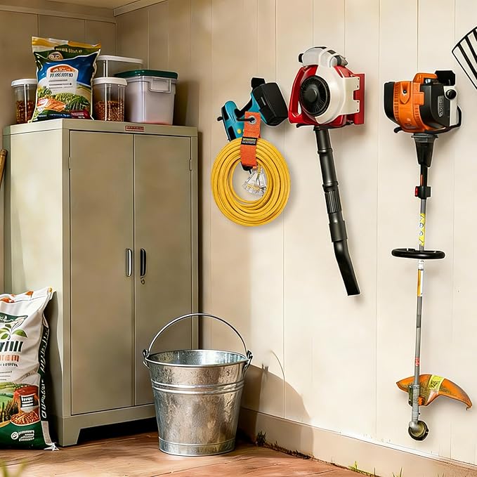 Heavy Duty Garden Power Tool Hanger, Garage Storage Utility Hooks with Storage Straps, Electric Tool Hooks, String Trimmer Hangers, Garden Tool Organizer, Weedeater Rack (1, Black)