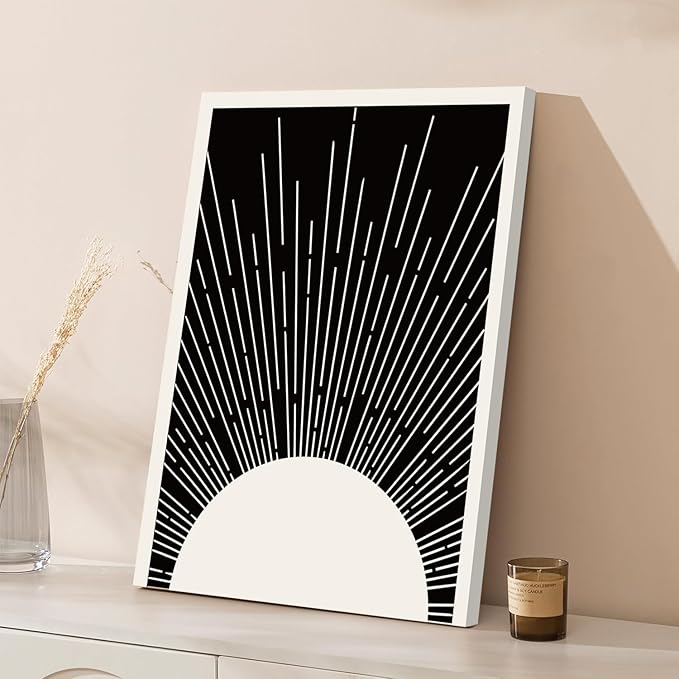 Hwetui Framed Boho Sun Wall Art Set of 2 Black and White Minimalist Sunrise