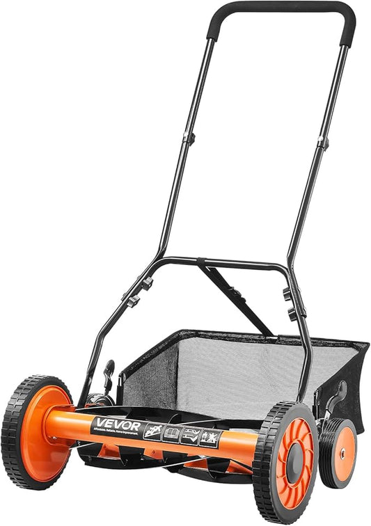 VEVOR Push Reel Lawn Mower 18 inch, 5 Blades Manual Push Mower No Motor, 1.37-2.44 in Adjustable Cutting Height, Walk-Behind Lawn Mowers with Grass Catcher Bag for Green Lawns, Driveways, Courtyards