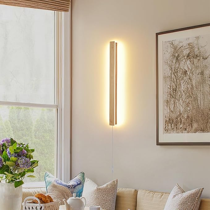 Modern Plug in Wall Sconces, 23.6 inch Faux Wood Texture Finish LED Long Wall