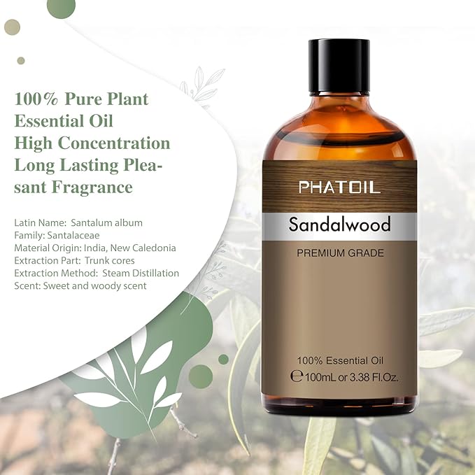 PHATOIL 100ML Sandalwood Essential Oil, Pure Aromatherapy Essential Oils for Diffuser, Humidifier, Relax, Scented Oils for Soap, Candle Making, Huge 3.38fl.oz Bottle