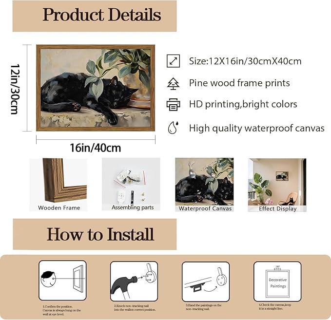 Framed Black Cat Canvas Wall Art, Vintage Sleeping Cat