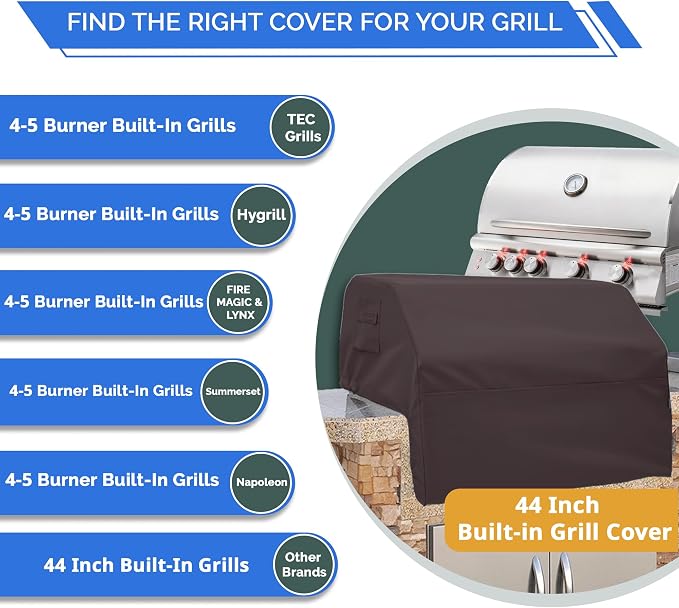 Covers & All Built-in Grill Cover for Outdoor Grill – Heavy Duty 12 oz Waterproof Built-in BBQ Grill Cover, PVC-Coated Polyester with Elastic Hem for Snug Fit (44 x 26 x 24 inches, Coffee)