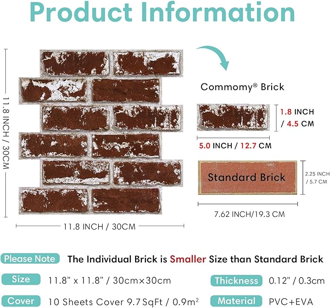 Commomy 3D Peel and Stick Brick Tiles
