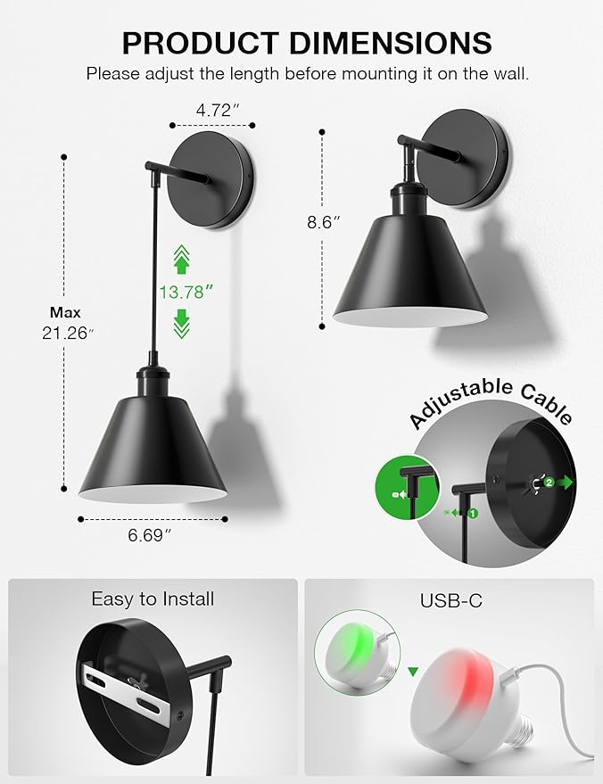 NIORSUN Matte Black Battery Operated Wall Sconce Set of 2, 5200mAh Dimmable