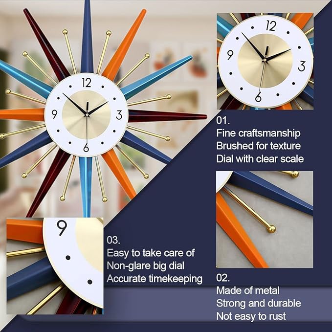 FIELDY Large Wall Clock 27.5 Inch Mid Century Wall Clocks Starburst Clock Non