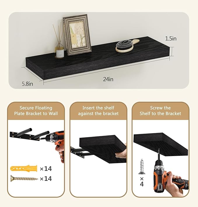 Vervida® 6 Pack Black Floating Shelves, Holds Up to 37 Lbs,