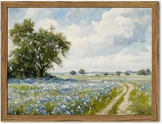 Framed Vintage Canvas Wall Art, Country Landscape Wildflower Field Wall Decor
