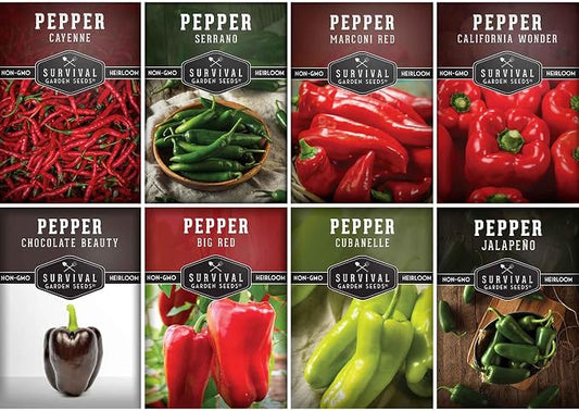 8 Pepper Seed Collection | Heirloom Varieties â Marconi, Chocolate Beauty, Cayenne & More | Non-GMO Seeds for Planting | Survival Garden Seeds