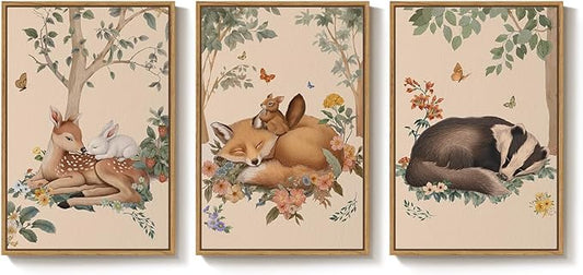 Framed Forest Animal Wall Art, 3 Piece Nature Whimsical Cottage Core Woodland