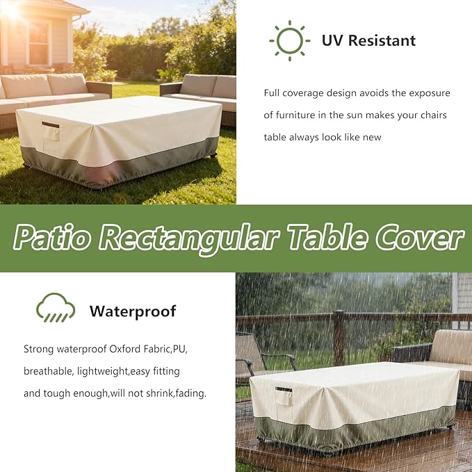 84 Inch Rectangular/Oval Patio Table Cover,Heavy Duty Waterproof Outdoor Dining Table Cover, Patio Furniture Covers, Beige