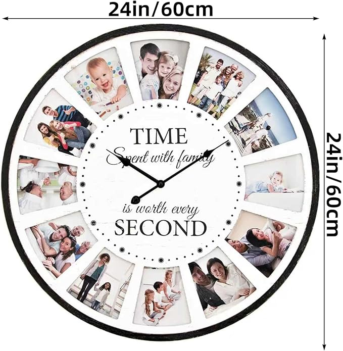 12 Photo Collage Family Wood Wall Clock, Rustic Farmhouse Wall Clock, Large
