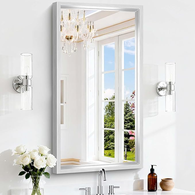 42x24 Silver Bathroom Mirror, Brushed Silver Rectangular Mirror
