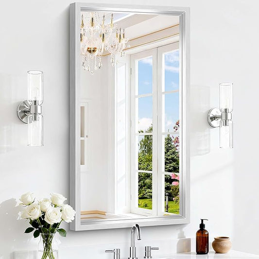42x24 Silver Bathroom Mirror, Brushed Silver Rectangular Mirror