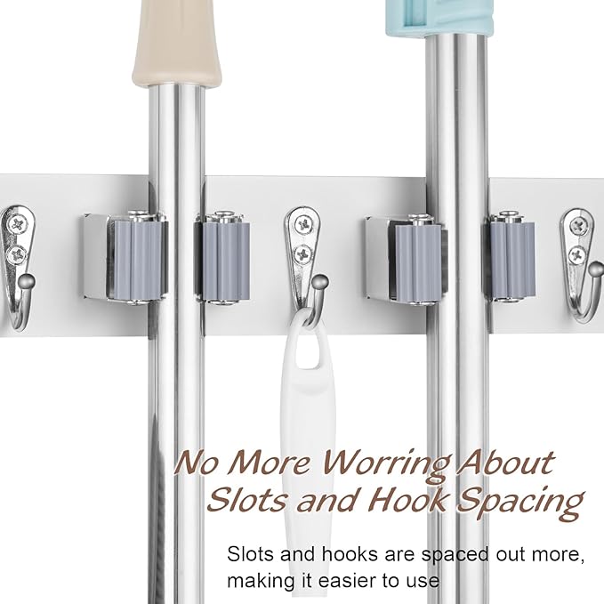 OUTNILI White Mop Broom Holder Wall Mount with 4 Slots & 4 Hooks - Wood Broom Mop Hanger for Pantry Closet Laundry Room Organization - Heavy Duty Garden Tool Organizer - White Kitchen Decor