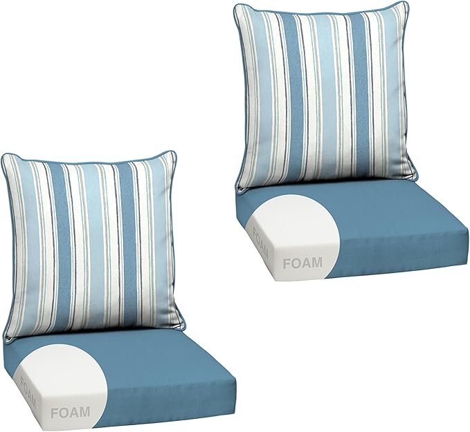 Arden Outdoor Foam Deep Seat Cushion Set (2-Pack), 24x24, Premium High-Density Foam, Never Flattens, Weather-Proof for Patio Chair Sofa Couch, French Blue Linen Stripe