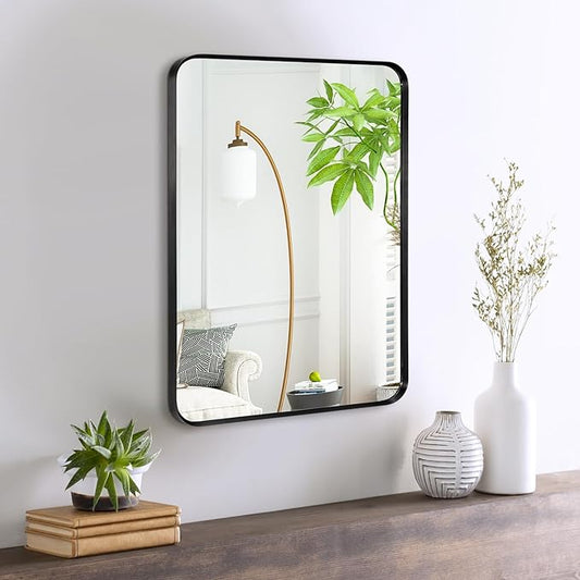 Wall Mount Mirror for Bathroom, Brushed Black Metal Framed Rounded Corner