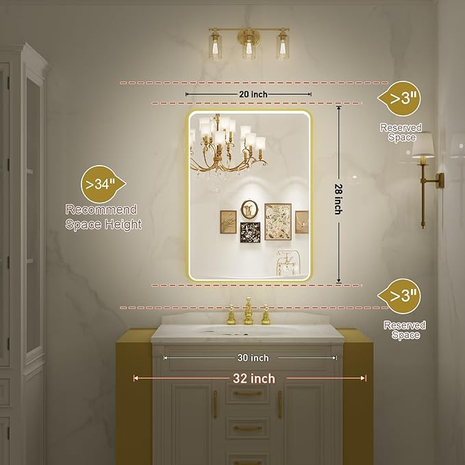 20X28 Inch Framed LED Lighted Bathroom Mirror, Wall Mounted Gold Metal Vanity