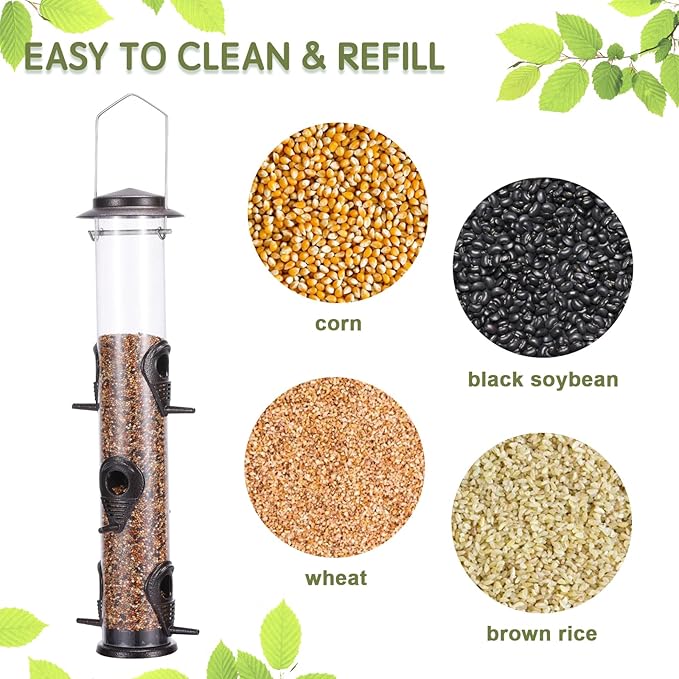 Metal Bird Feeder Tube Hanging Wild Bird Seed Feeder Aluminum Six Port Bird Feeders,1.4 mm Extra Thick Solid Tube Transparent with Steel Hanger Great for Attracting Birds (Coffee 2PK)