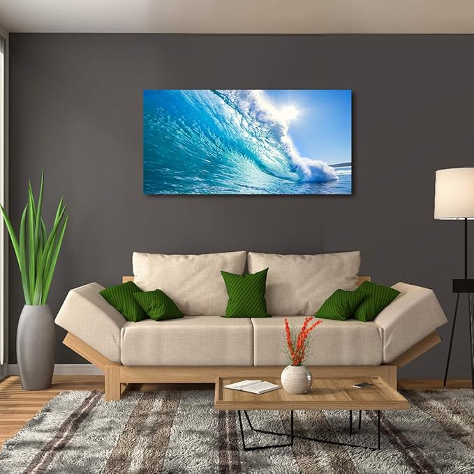 Haichuang Decor Art Framed Ocean Wave Wall Art, 48x24 Inch Large Horizontal Turquoise Sea Canvas Prints, Coastal Beach Nautical Wall Decor for Living Room Bedroom Bathroom Ready to Hang