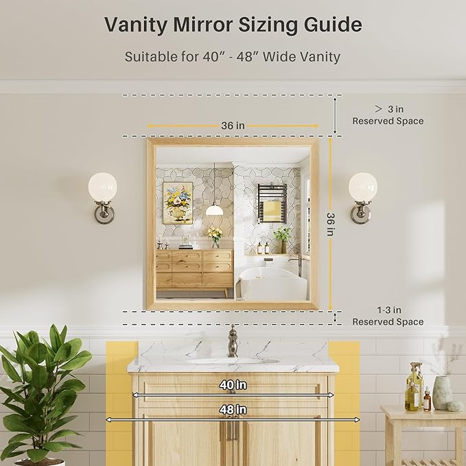 36x36 Inch Bathroom Mirror for Wall, Anti-Rust Oak Wood Grain Metal Framed