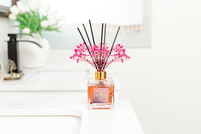 PEANÄK Reed Diffuser Set - Rose Honey Fragrance 6.7oz (200 ml) - Set of 2 Real Preserved Flowers & 6 Reed Sticks for Home & Office Bathroom Shelf Décor with Long Lasting Gift Scents