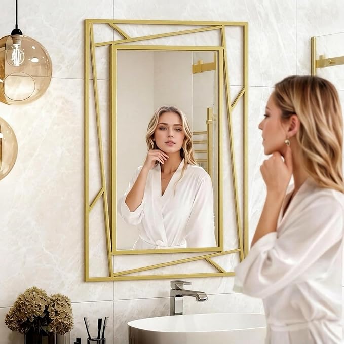 Brushed Gold Bathroom Mirror, Hang Horizontally or Vertically