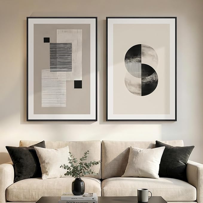 Large Framed Black and White Neutral Abstract Wall Art