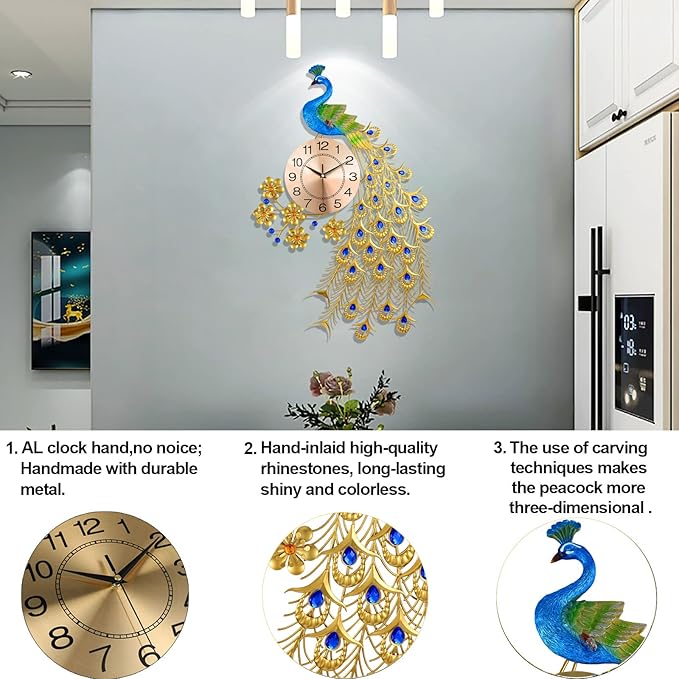 Large Peacock Wall Clock for Living Room Decor, Mid Century Decorative Big Wall