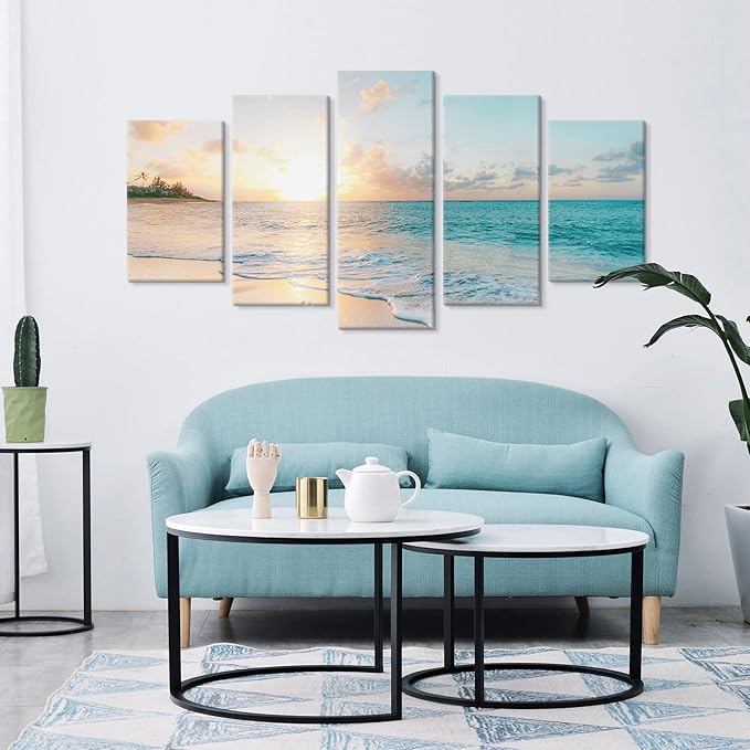 Goldfoilart 5 Pieces Beach Sunset Canvas Wall Art Blue Sea Prints Romantic