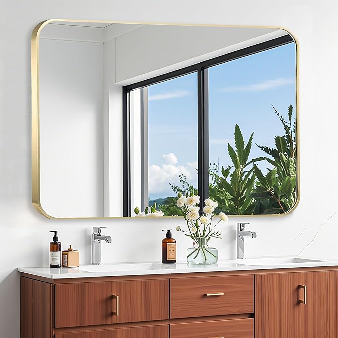 48x30 Inch Gold Bathroom Mirror, Brushed Gold Metal Framed Rectangular Mirror