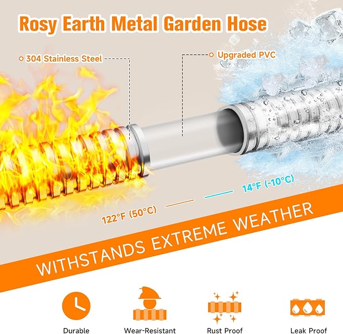 Rosy Earth Garden Hose 10 FT, 304 Stainless Steel Metal Water Hose, Heavy Duty Flexible Leader Hose, Short Water Hose Kink Free Hose for Rv, Outdoor, Yard, No Bite, Leak proof and Durable